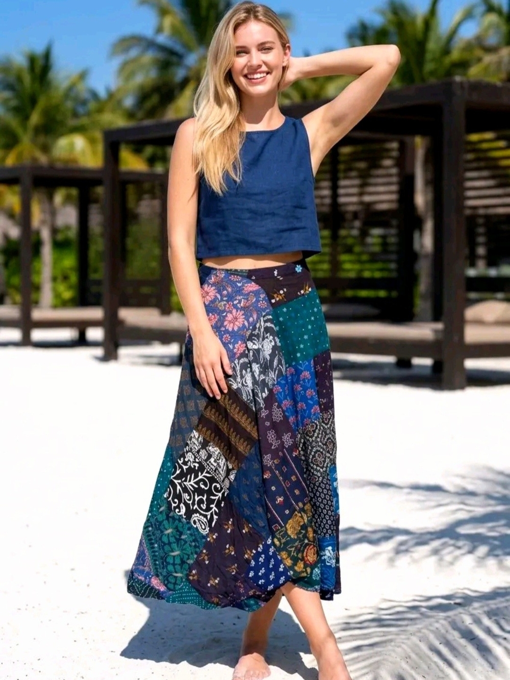 Jaded Gypsy Boho Patchwork A-Line Wrap Skirt in Navy Multi